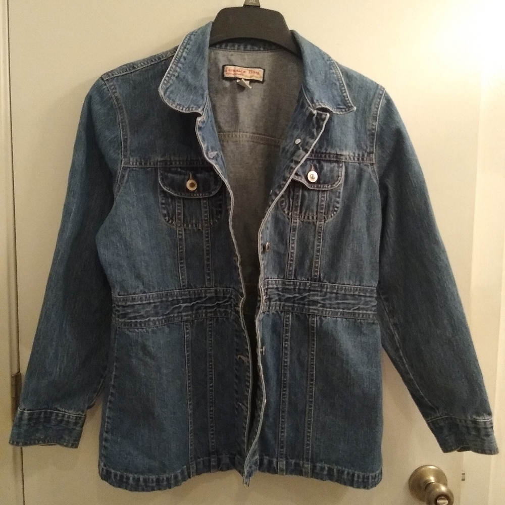 Vtg 90s Jean Jacket Safari Style Jamaica Bay Sz L 100% Cotton Real Denim